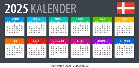 Vector template of color 2025 calendar - Denmark version