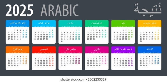 Vector template of color 2025 calendar - Arabic version
