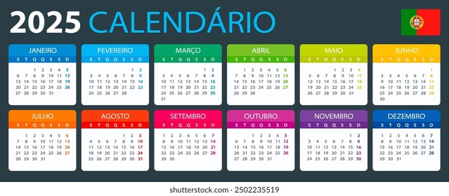 Vector template of color 2025 calendar - Portuguese version