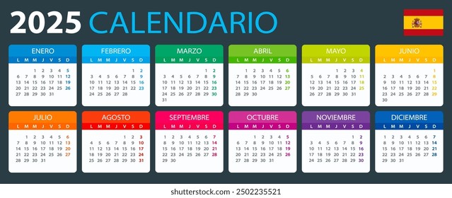 Vector template of color 2025 calendar - Spanish version