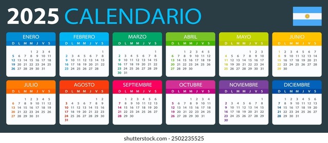 Vector template of color 2025 calendar - Argentinian version