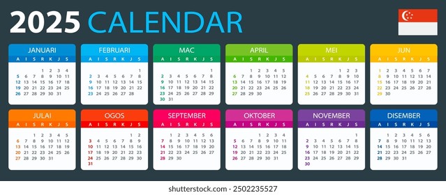 Vector template of color 2025 calendar - Singaporean version