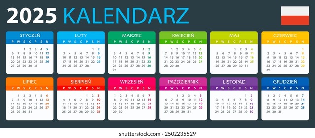 Vector template of color 2025 calendar - Polish version