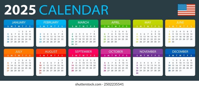Vektor Vorlage der Farbe 2025 Kalender - Englisch Amerikanische Version