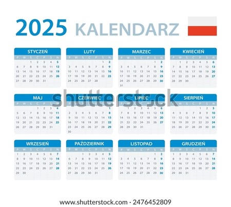 Vector template of color 2025 calendar - Polish version