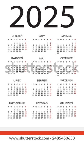 Vector template of color 2025 calendar - Polish version