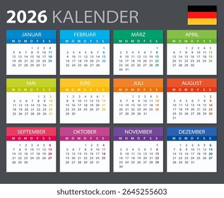 Modelo de vetor do calendário de cor 2026 - versão alemã