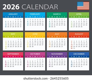 Vektor Vorlage der Farbe 2026 Kalender - Englisch Amerikanische Version