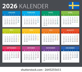 Modelo vetorial do calendário colorido 2026 - versão sueca