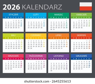 Modelo de vetor do calendário de cor 2026 - versão polonesa