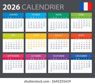 Vector template of color 2026 calendar - French version