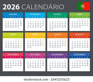 Vector template of color 2026 calendar - Portuguese version