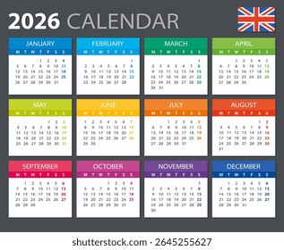 Modelo vetorial do calendário 2026 colorido - versão em inglês