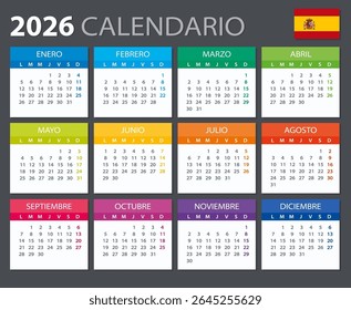 Modelo vetorial do calendário colorido 2026 - versão espanhola