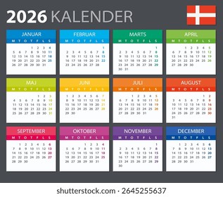 Modelo vetorial do calendário de cores 2026 - versão dinamarquesa