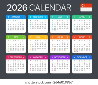 Vector template of color 2026 calendar - Singaporean version