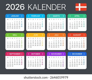 Modelo vetorial do calendário de cores 2026 - versão dinamarquesa