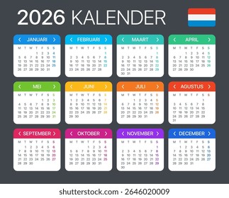 Vector template of color 2026 calendar - Dutch version