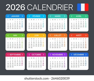 Modelo de vetor do calendário de cor 2026 - versão francesa