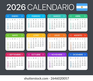 Vector template of color 2026 calendar - Argentinian version