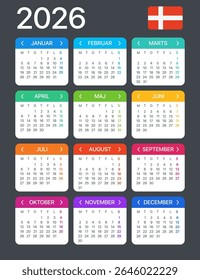 Modelo vetorial do calendário de cores 2026 - versão dinamarquesa
