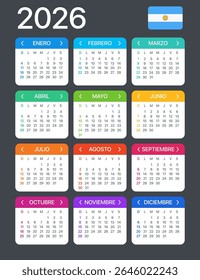 Vector template of color 2026 calendar - Argentinian version