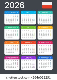Vector template of color 2026 calendar - Polish version