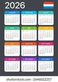 Vector template of color 2026 calendar - Dutch version