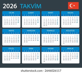 Vektor Vorlage der Farbe 2026 Kalender - Türkische Version