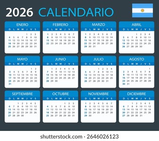 Modelo de vetor do calendário de cor 2026 - versão argentina