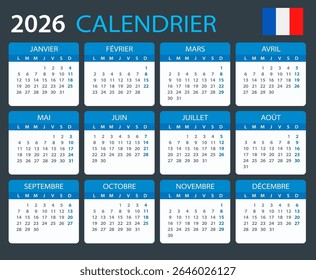 Vector template of color 2026 calendar - French version