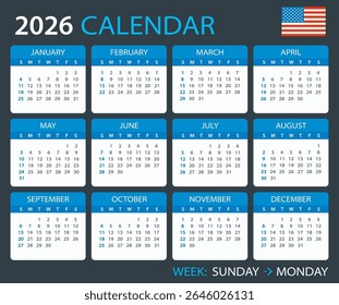 Vector Plantilla de color Calendario 2026 - Versión Inglés Americana
