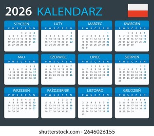 Vector template of color 2026 calendar - Polish version