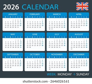 Vector Plantilla de color Calendario 2026 - versión en inglés