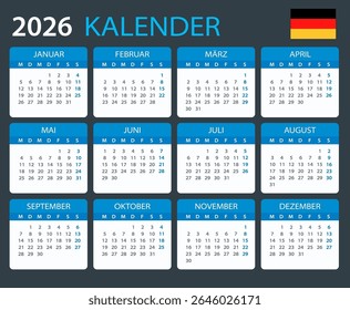 Modelo de vetor do calendário de cor 2026 - versão alemã