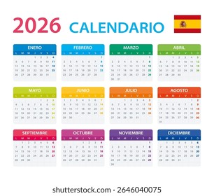 Vector template of color 2026 calendar - Spanish version
