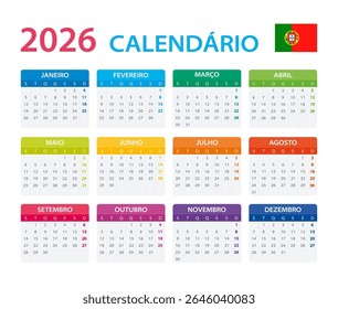 Vector Plantilla de color Calendario 2026 - versión en portugués