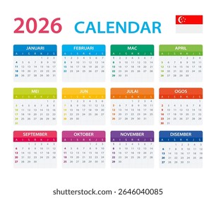Vector template of color 2026 calendar - Singaporean version