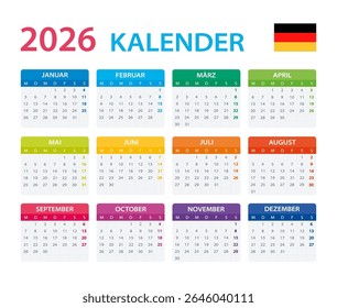 Vector template of color 2026 calendar - German version