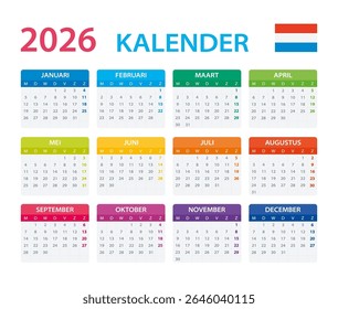 Vector template of color 2026 calendar - Dutch version