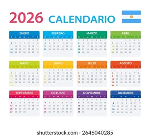 Vector template of color 2026 calendar - Argentinian version