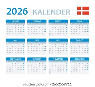 Modelo vetorial do calendário de cores 2026 - versão em língua dinamarquesa - Dinamarca