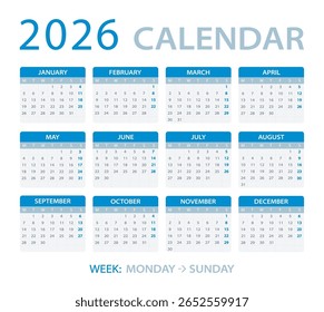 Modelo vetorial do calendário de cores 2026 - de segunda a domingo