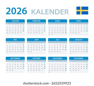 Modelo vetorial do calendário colorido 2026 - versão em sueco