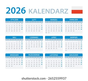 Vektor Vorlage der Farbe 2026 Kalender - Polnische Sprachversion - Polen