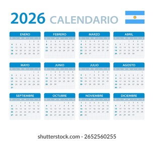 Vector template of color 2026 calendar - Argentinian version