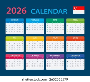Vector template of color 2026 calendar - Singaporean version