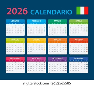 Modelo vetorial do calendário de cores 2026 - versão em italiano - Itália