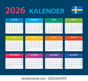 Modelo vetorial do calendário de cores 2026 - versão em língua sueca - Suécia