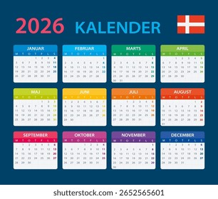 Modelo vetorial do calendário de cores 2026 - versão em língua dinamarquesa - Dinamarca